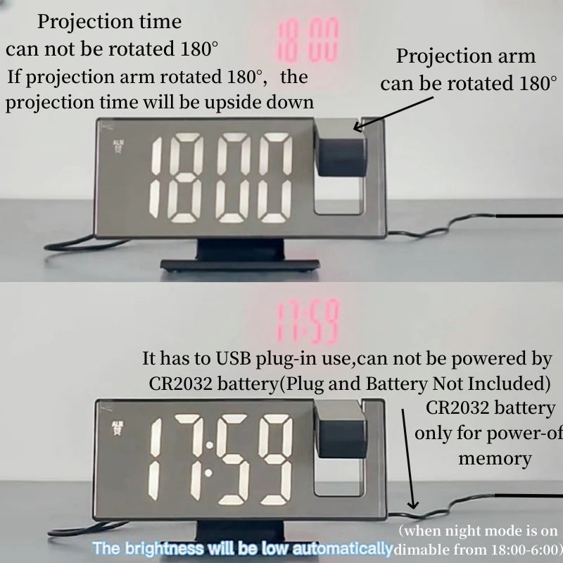 Despertador Digital LED - USB com Projeção 180° de Hora e Temperatura