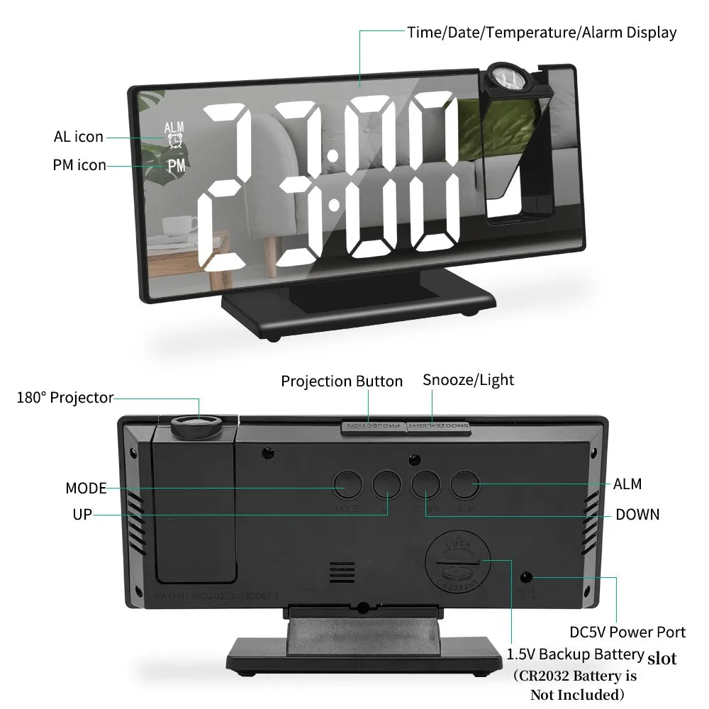 Reloj despertador digital LED USB con proyección de hora y temperatura de 180°