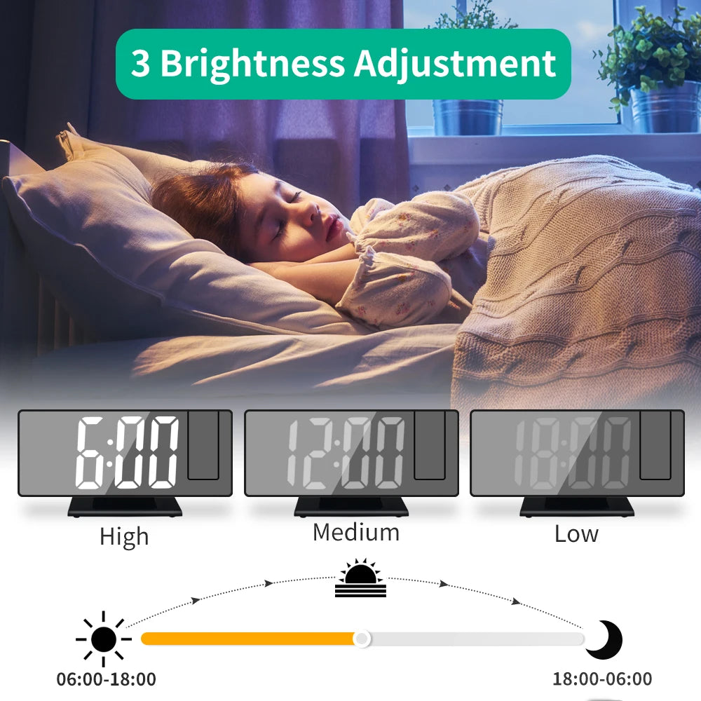 Reloj despertador digital LED USB con proyección de hora y temperatura de 180°